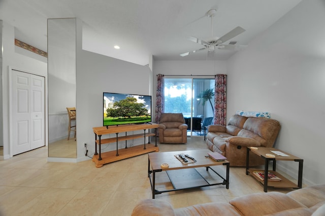 living area featuring ceiling fan with notable chandelier, visible vents, recessed lighting, and light tile patterned floors
