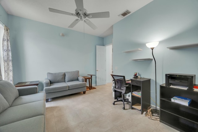 dining area with light tile patterned floors, ceiling fan with notable chandelier, visible vents, and recessed lighting