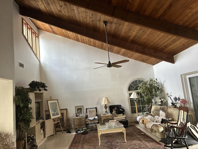 living room with ceiling fan, light tile patterned floors, visible vents, wood ceiling, and beam ceiling