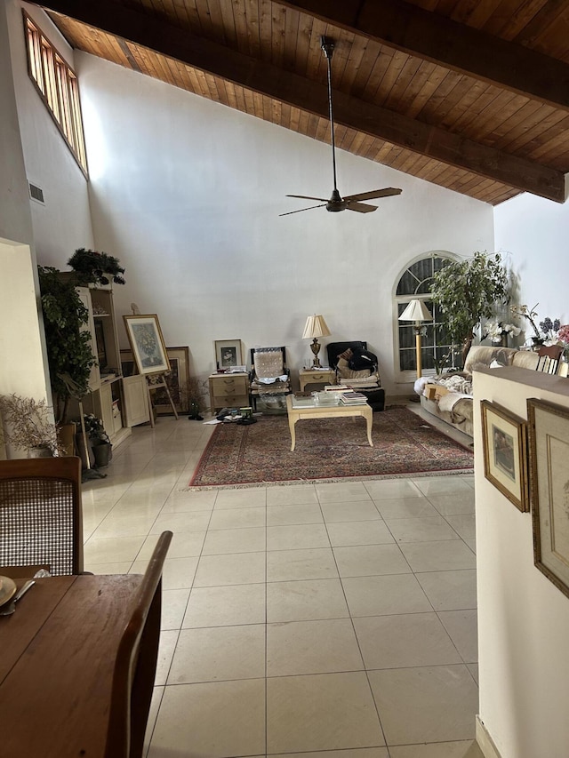 living area with visible vents, ceiling fan, wooden ceiling, and tile patterned flooring
