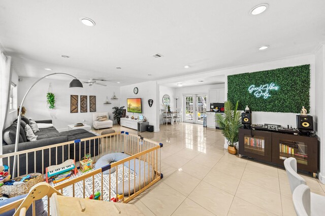 941 NW 26th Ct, Wilton Manors, FL 33311 - living room with recessed lighting, french doors, visible vents, and ceiling fan
