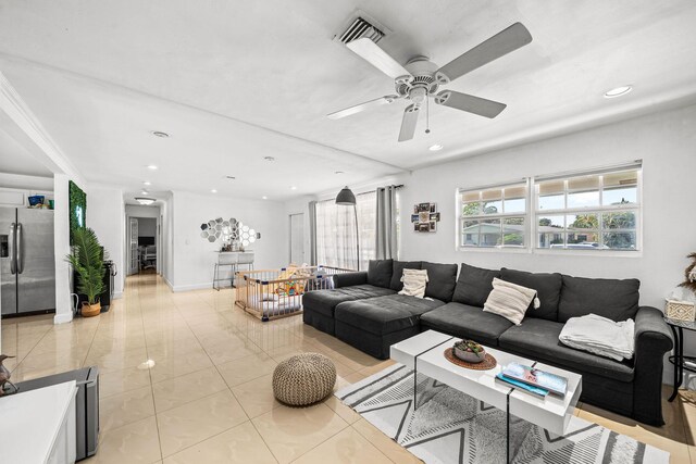 941 NW 26th Ct, Wilton Manors, FL 33311 - living room with visible vents, a ceiling fan, recessed lighting, and light tile patterned floors