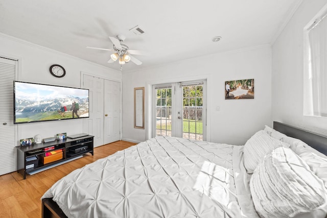 941 NW 26th Ct, Wilton Manors, FL 33311 - bedroom with access to outside, french doors, light wood-style flooring, crown molding, and ceiling fan