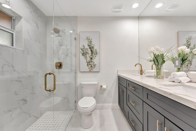 full bath with double vanity, a marble finish shower, toilet, visible vents, and a sink