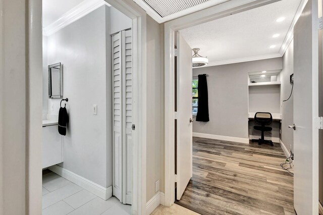 5439 Verona Dr Unit P, Boynton Beach, FL 33437 - corridor with crown molding, an office area, baseboards, wood finished floors, and recessed lighting