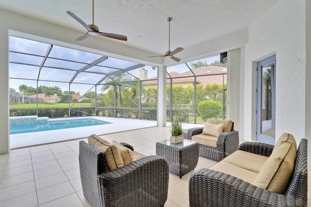 exterior space with a patio area, ceiling fan, an outdoor hangout area, and a lanai