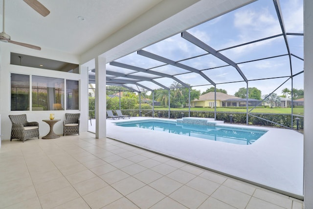 outdoor pool featuring ceiling fan, a patio, and a lanai