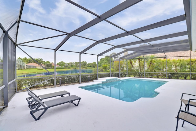 outdoor pool with a water view, a patio, and a lanai