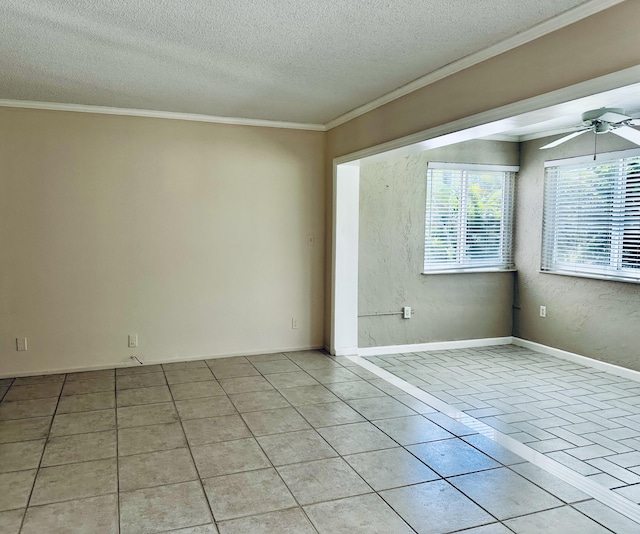 12394 Alternate A1A O7, Palm Beach Gardens, FL 33410 - unfurnished room featuring a ceiling fan, a textured ceiling, baseboards, ornamental molding, and light tile patterned flooring