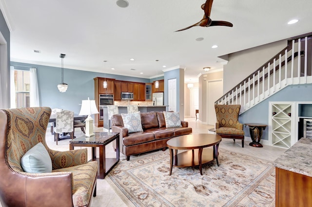 living room with recessed lighting, visible vents, light tile patterned flooring, and ceiling fan