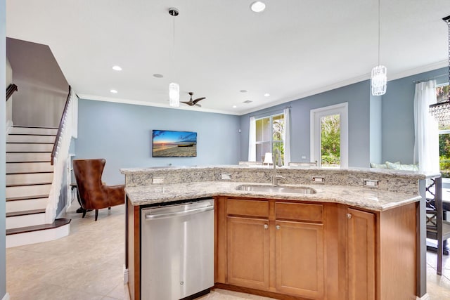 kitchen featuring stainless steel dishwasher, light stone countertops, a sink, and ornamental molding