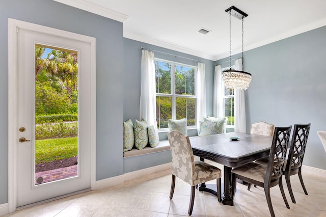 dining space featuring visible vents, baseboards, light tile patterned floors, an inviting chandelier, and crown molding