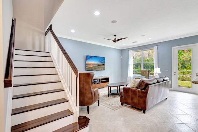 living room featuring crown molding, recessed lighting, a ceiling fan, and stairs