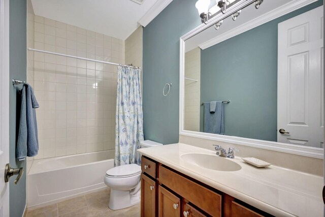 bathroom with shower / bath combo, tile patterned floors, vanity, and toilet