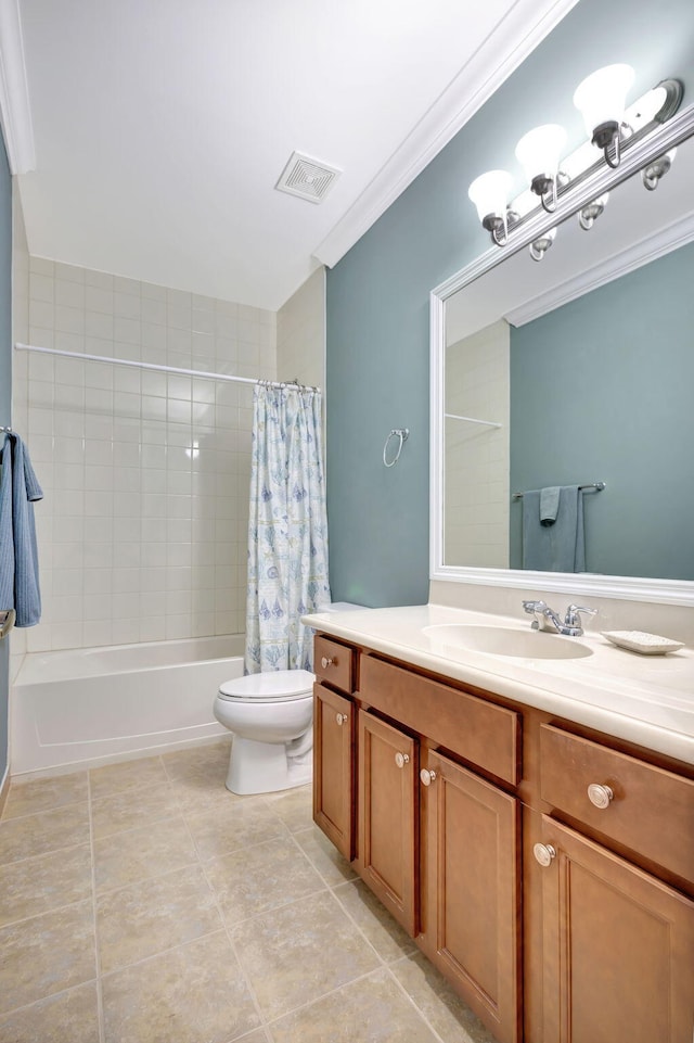 full bath with visible vents, shower / tub combo, toilet, vanity, and tile patterned floors
