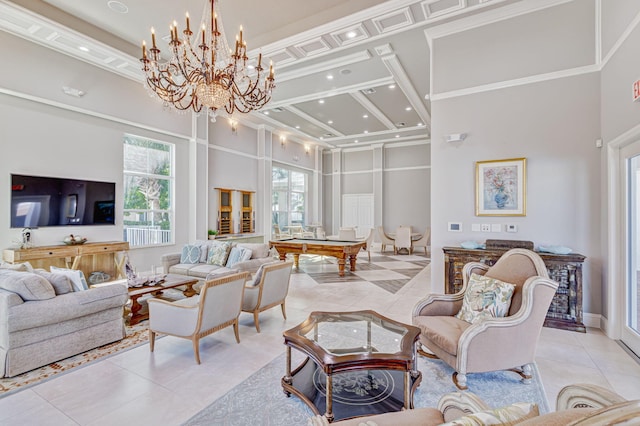living area with an inviting chandelier, recessed lighting, light tile patterned floors, a high ceiling, and coffered ceiling