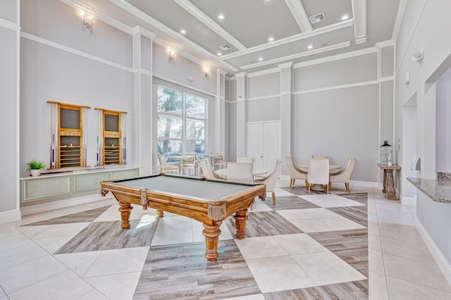 playroom featuring visible vents, a high ceiling, recessed lighting, light tile patterned flooring, and pool table