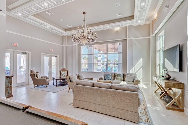 living area with light tile patterned floors, french doors, a high ceiling, and visible vents