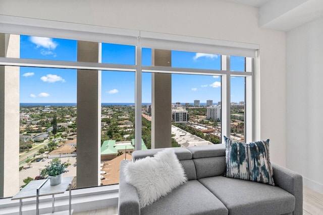 living area with a view of city, wood finished floors, and a wealth of natural light
