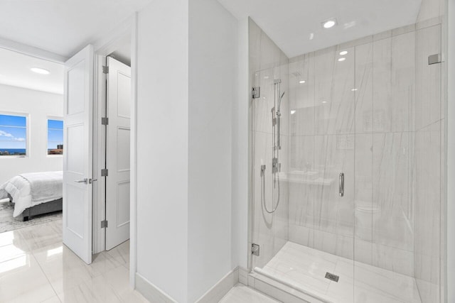 ensuite bathroom with ensuite bath, a stall shower, and recessed lighting