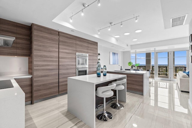 kitchen featuring a sink, visible vents, stainless steel double oven, modern cabinets, and a kitchen island