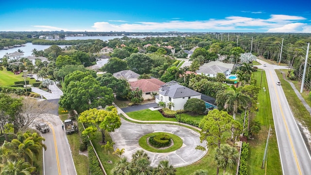 aerial view featuring a residential view and a water view