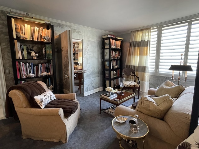 434 Chilean Ave Unit 2B, Palm Beach, FL 33480 - carpeted living room with crown molding, baseboards, and wallpapered walls