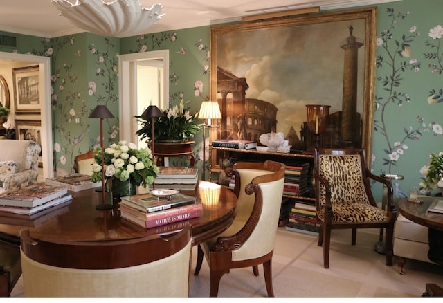 434 Chilean Ave Unit 2B, Palm Beach, FL 33480 - dining area with crown molding, carpet, and wallpapered walls