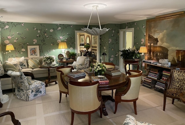 434 Chilean Ave Unit 2B, Palm Beach, FL 33480 - dining room with wallpapered walls and ornamental molding