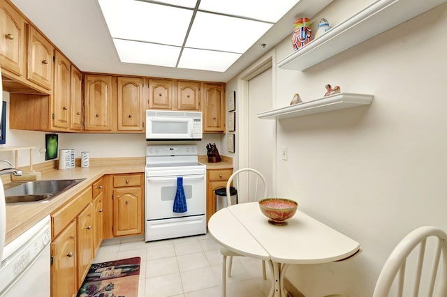 7847 Lakeside Blvd Unit 1023, Boca Raton, FL 33434 - kitchen with white appliances, open shelves, light tile patterned flooring, light countertops, and a sink