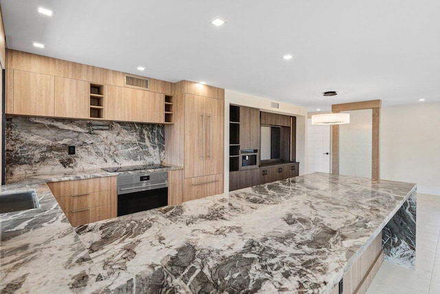 kitchen with black electric cooktop, light brown cabinetry, stainless steel oven, visible vents, and open shelves