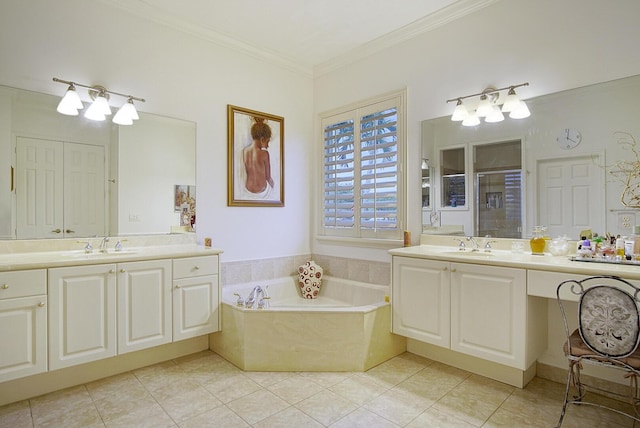 full bathroom with a shower stall, tile patterned floors, a garden tub, crown molding, and two vanities