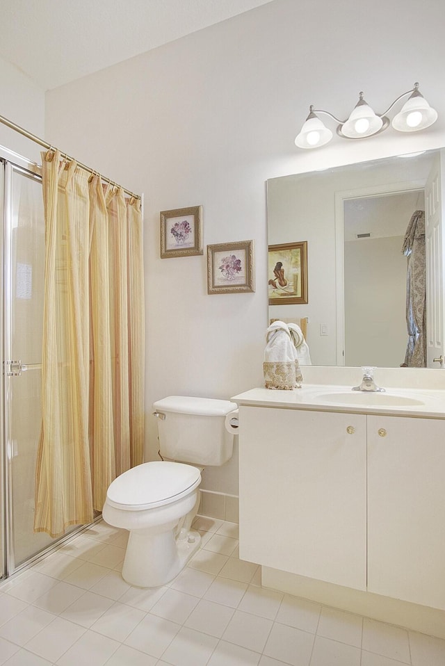 full bath featuring a shower with curtain, tile patterned flooring, toilet, and vanity