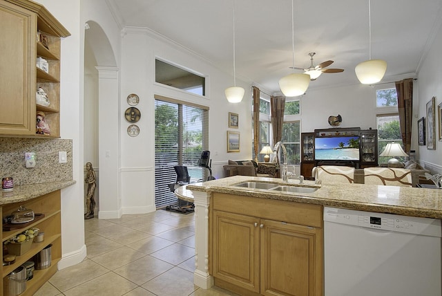 kitchen featuring white dishwasher, a sink, open shelves, open floor plan, and ornamental molding