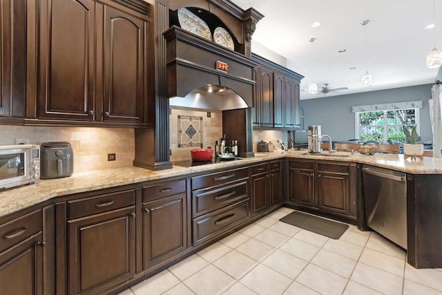 21504 Halstead Dr, Boca Raton, FL 33428 - kitchen featuring stainless steel dishwasher, a ceiling fan, dark brown cabinetry, light tile patterned floors, and a sink