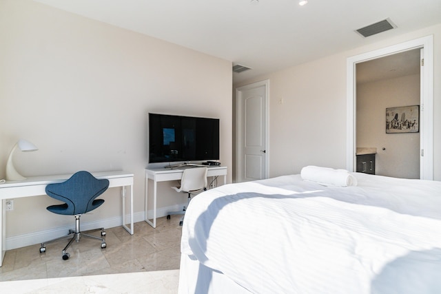 bedroom with visible vents, marble finish floor, and baseboards