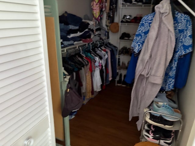 walk in closet with wood finished floors