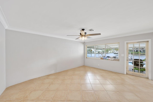 442 SE 17th Ter, Deerfield Beach, FL 33441 - unfurnished room with tile patterned flooring, visible vents, a ceiling fan, and crown molding
