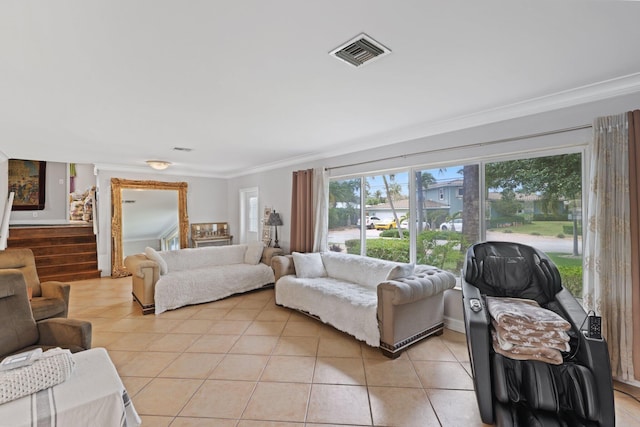 442 SE 17th Ter, Deerfield Beach, FL 33441 - living room featuring stairs, visible vents, crown molding, and light tile patterned flooring