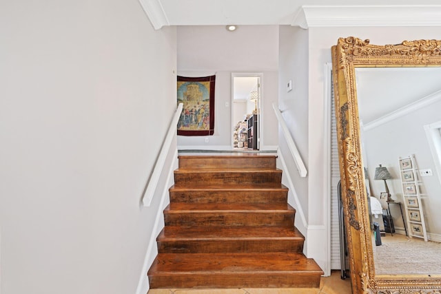 442 SE 17th Ter, Deerfield Beach, FL 33441 - stairs with baseboards, ornamental molding, and carpet floors