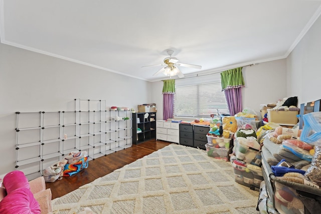 442 SE 17th Ter, Deerfield Beach, FL 33441 - bedroom with dark wood-style floors, crown molding, and a ceiling fan