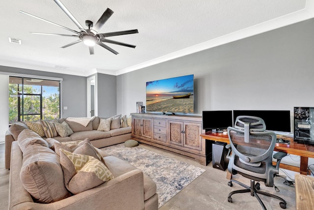 6449 NW Castlebrook Ave, Port Saint Lucie, FL 34983 - living area featuring a ceiling fan, a textured ceiling, visible vents, and ornamental molding