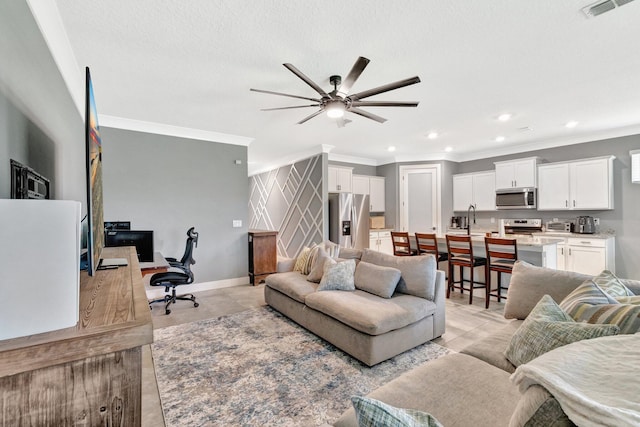 6449 NW Castlebrook Ave, Port Saint Lucie, FL 34983 - living area with recessed lighting, ornamental molding, ceiling fan, and visible vents