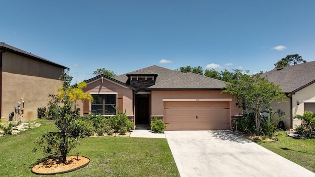 6449 NW Castlebrook Ave, Port Saint Lucie, FL 34983 - prairie-style house featuring a shingled roof, a front lawn, a garage, stucco siding, and driveway