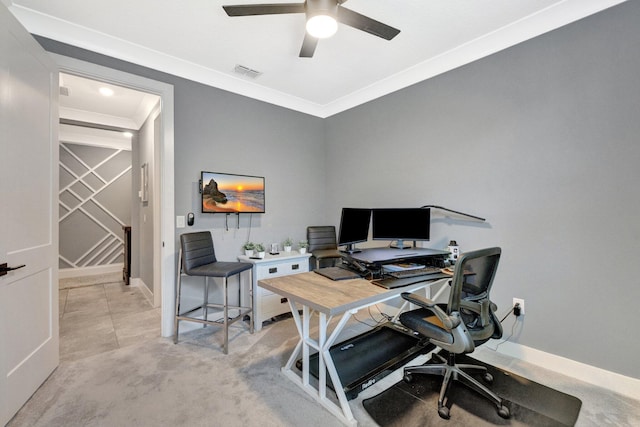 6449 NW Castlebrook Ave, Port Saint Lucie, FL 34983 - home office featuring baseboards, ceiling fan, ornamental molding, and visible vents