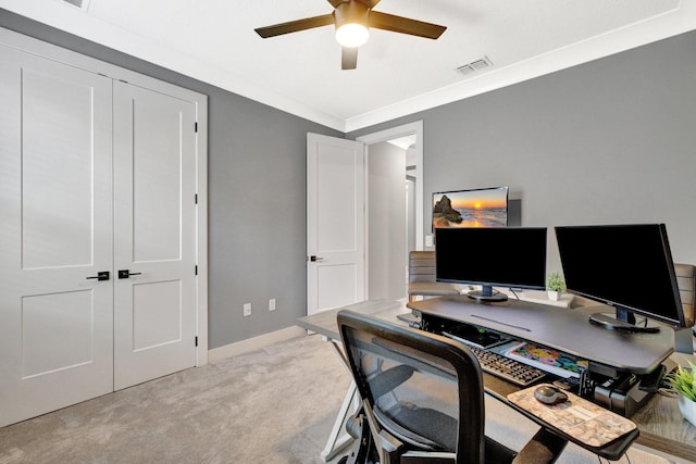 6449 NW Castlebrook Ave, Port Saint Lucie, FL 34983 - office area with a ceiling fan, baseboards, visible vents, and light carpet