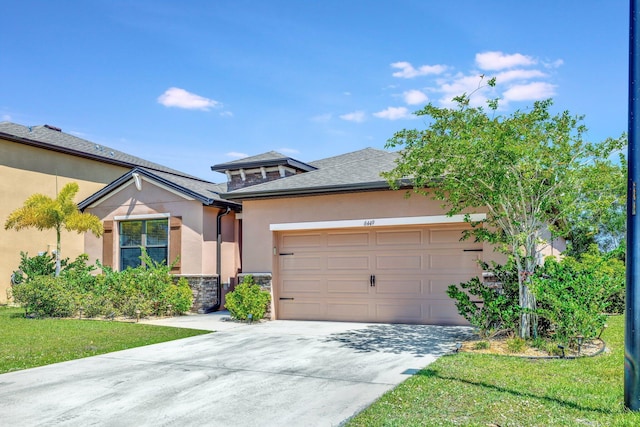 6449 NW Castlebrook Ave, Port Saint Lucie, FL 34983 - view of front of house featuring roof with shingles, stone siding, a garage, stucco siding, and concrete driveway