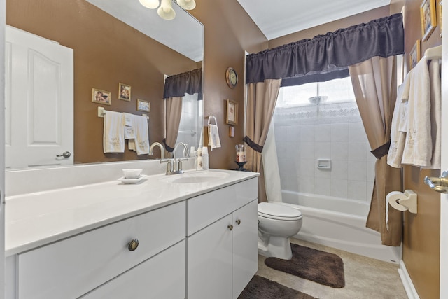 bathroom featuring shower / bath combination with curtain, vanity, toilet, and tile patterned flooring