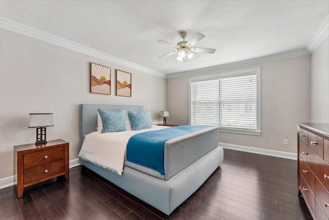 bedroom featuring crown molding, ceiling fan, baseboards, and dark wood finished floors