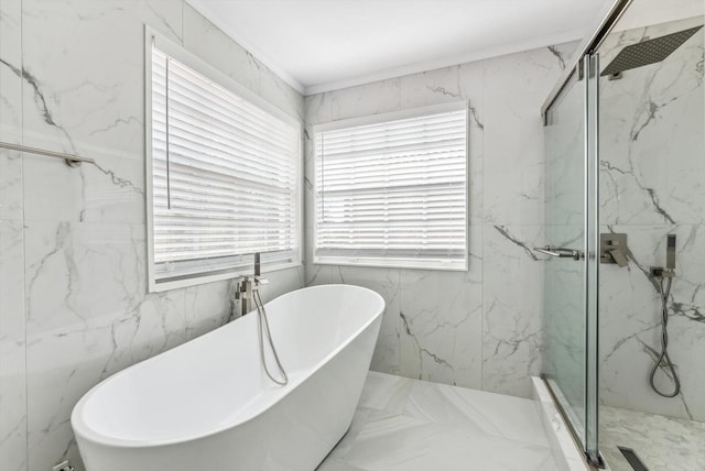 full bathroom with a soaking tub and a marble finish shower